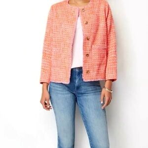 J. JILL Size S Dahlia Coral &Pink Tweed Jacket Blazer Collarless Tailored Fringe